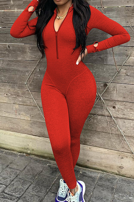 Black Autumn And Winter Finger cove Long Sleeve Stand Neck Zippet Collect Waist Solid Color Bodycon Jumpsuits E8612-1