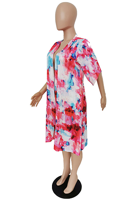 Red Euramerican Women Tid Dye Printing Short Sleeve Dust Coat MLL115-1