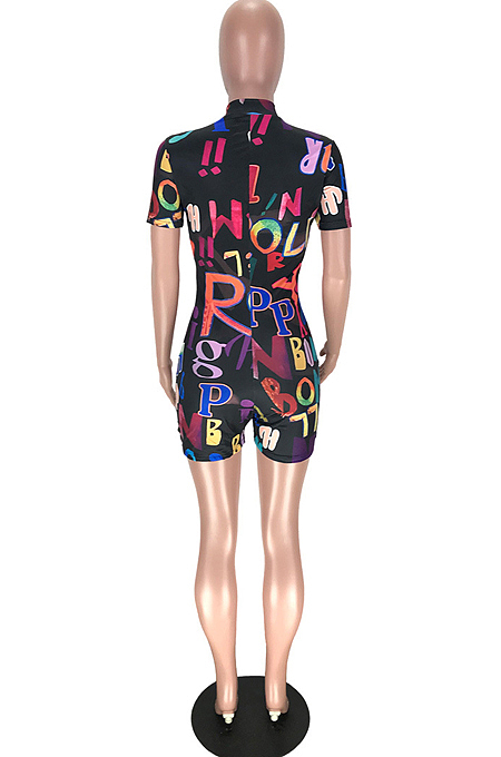 White Fashion Letter Printing Short Sleeve Stand Collar Zippet Collcet Waist Romper Shorts LYY9258-1