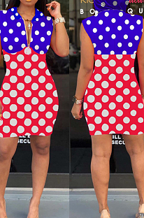 Blue Red Spliced Wave Point Printing Sleeveless Zipper Hoodie Collcet Waist Hip Dress MLL107-2