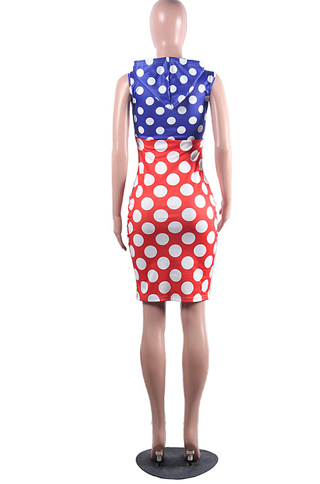 Black White Spliced Wave Point Printing Sleeveless Zipper Hoodie Collcet Waist Hip Dress MLL107-1