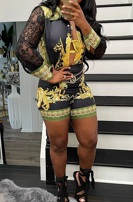 Black Sexy Autumn Printing Lace Spliced Long Sleeve Lapel Collar Single-Breasted Shirts Shorts Two-Piece L0360-1