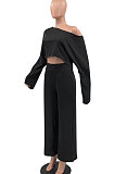 Black Women Solid Color Casual Loose Long Sleeve Dew Waist Wide-legged pants KKY80057-1