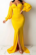 Yellow Pure Color Strapless Slim Fitting Sexy Split Long Dress KZ2131-2