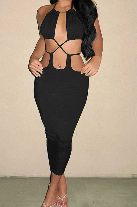 Black Summer New Condole-Belt Backless Hollow Out Bodycon Pure Color Long Dress YNS1649-5