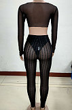 Black Euramerican Mesh Spaghetti V Neck Pure Color Dew Waist Pants Sets KA7195-2