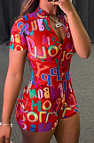White Fashion Letter Printing Short Sleeve Stand Collar Zippet Collcet Waist Romper Shorts LYY9258-1
