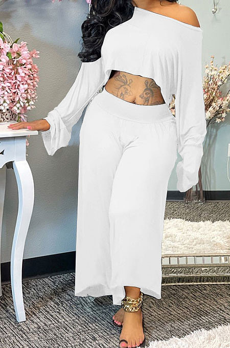 Wine Red Women Solid Color Casual Loose Long Sleeve Dew Waist Wide-legged pants KKY80057-5