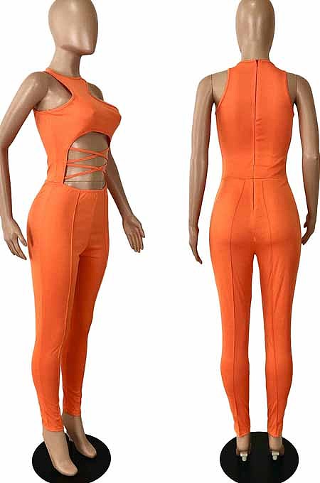 White Sexy Solid Color Round Neck Strapless Hollow Out Slim Fitting Bodycod Jumpsuits YNS1661-1