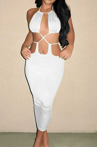 White Summer New Condole-Belt Backless Hollow Out Bodycon Pure Color Long Dress YNS1649-1