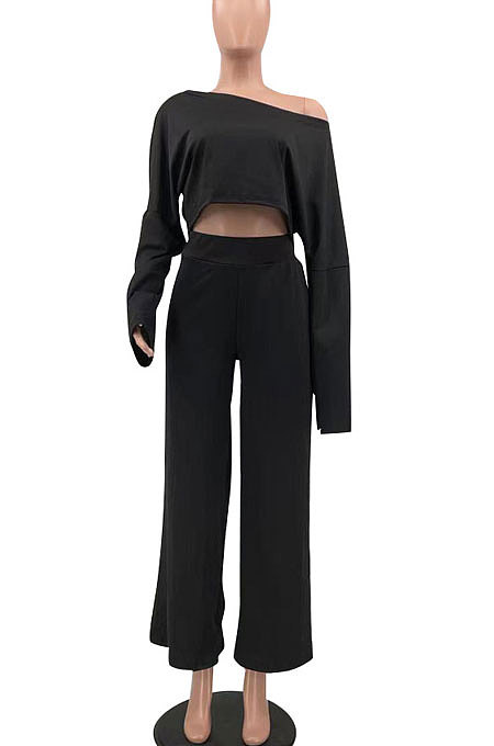 White Women Solid Color Casual Loose Long Sleeve Dew Waist Wide-legged pants KKY80057-2