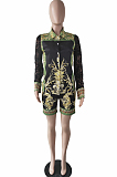 Black Sexy Autumn Printing Lace Spliced Long Sleeve Lapel Collar Single-Breasted Shirts Shorts Two-Piece L0360-1