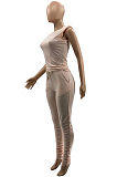 Khaki Casual Wholesal Sleeveless Round Neck Zip Back Drawsting Ruffle Pants Solid Color Two-Piece SZS8167-3