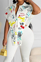 White Casual Printing Lapel Neck V-Type From Shoulder Single-Breasted Shirts LYY9316