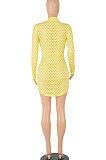 Orange Sexy Long Sleeve Zipper Hollow Out Pure Color Club Mini Dress FMM2069-2