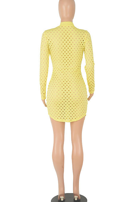 Orange Sexy Long Sleeve Zipper Hollow Out Pure Color Club Mini Dress FMM2069-2