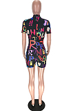 Red Fashion Letter Printing Short Sleeve Stand Collar Zippet Collcet Waist Romper Shorts LYY9258-2