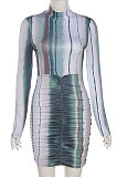 Green Fashion Round Neck Women Bodycon Long Sleeve Hip Raising Ruffle Mini Dress QNFS04632-1