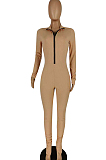 Wine Red Casual Long Sleeve Stand Neck Zipper Collcet Waist Solid Color Bodycon Jumpsuits E8548-3