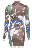 Brown Fashion Round Neck Women Bodycon Long Sleeve Hip Raising Ruffle Mini Dress QNFS04632-2