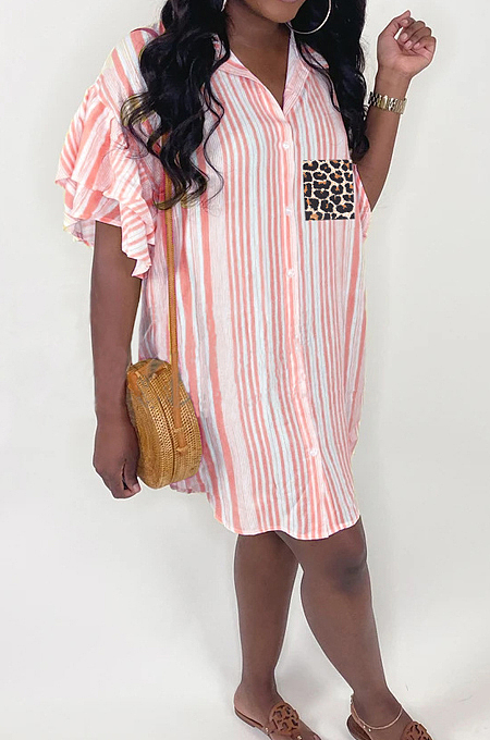 Pink Positioning Leopard Printing Ruffle Sleeve Lapel Neck Single-Breasted Shirt Dress MLL114-1