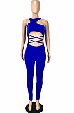 Blue Sexy Solid Color Round Neck Strapless Hollow Out Slim Fitting Bodycod Jumpsuits YNS1661-3