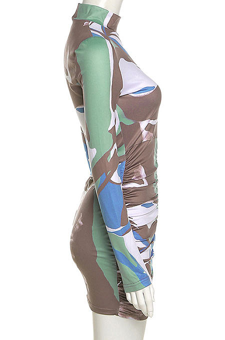 Green Fashion Round Neck Women Bodycon Long Sleeve Hip Raising Ruffle Mini Dress QNFS04632-1