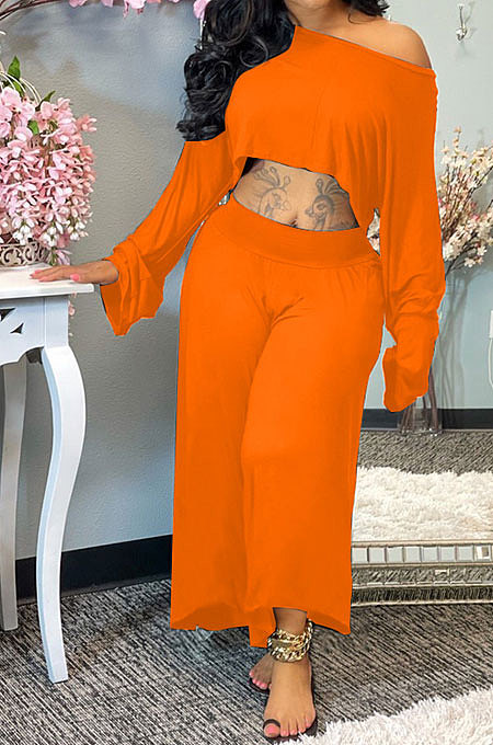 Wine Red Women Solid Color Casual Loose Long Sleeve Dew Waist Wide-legged pants KKY80057-5