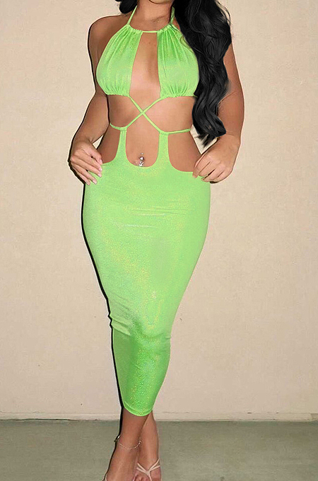 Fruit Green Summer New Condole-Belt Backless Hollow Out Bodycon Pure Color Long Dress YNS1649-2