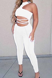 White Sexy Solid Color Round Neck Strapless Hollow Out Slim Fitting Bodycod Jumpsuits YNS1661-1