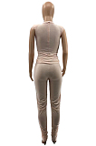 Khaki Casual Wholesal Sleeveless Round Neck Zip Back Drawsting Ruffle Pants Solid Color Two-Piece SZS8167-3