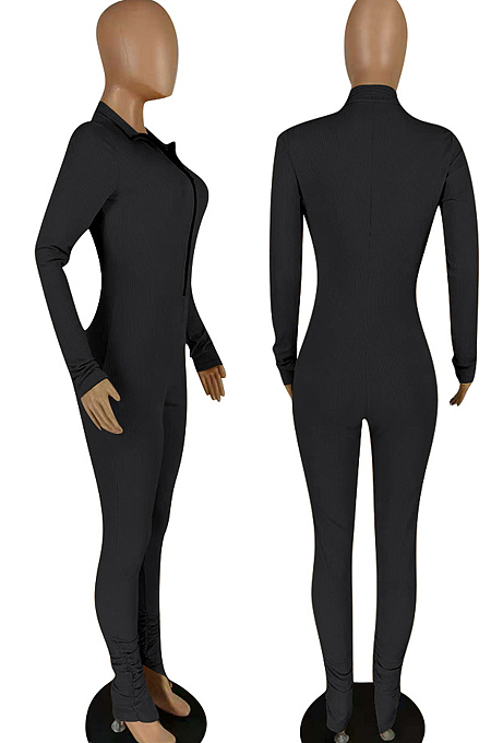 Black Casual Long Sleeve Stand Neck Zipper Collcet Waist Solid Color Bodycon Jumpsuits E8548-1