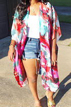 Red Euramerican Women Tid Dye Printing Short Sleeve Dust Coat MLL115-1