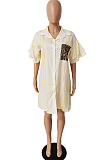 Yellow Positioning Leopard Printing Ruffle Sleeve Lapel Neck Single-Breasted Shirt Dress MLL114-2