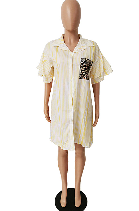 Yellow Positioning Leopard Printing Ruffle Sleeve Lapel Neck Single-Breasted Shirt Dress MLL114-2