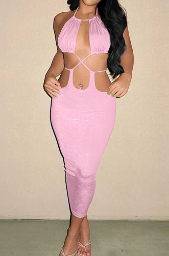 Pink Summer New Condole-Belt Backless Hollow Out Bodycon Pure Color Long Dress YNS1649-3
