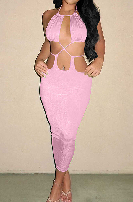 Pink Summer New Condole-Belt Backless Hollow Out Bodycon Pure Color Long Dress YNS1649-3