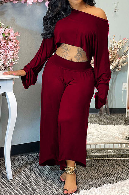 White Women Solid Color Casual Loose Long Sleeve Dew Waist Wide-legged pants KKY80057-2