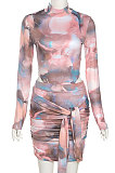 Pink Women Trendy Round Neck Long Sleeve Jumpsuits Hip Skirts Sets QNFS04515-1