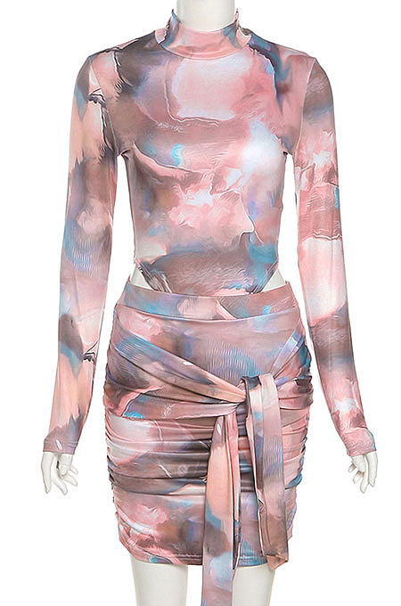 Pink Women Trendy Round Neck Long Sleeve Jumpsuits Hip Skirts Sets QNFS04515-1