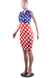 Blue Red Spliced Wave Point Printing Sleeveless Zipper Hoodie Collcet Waist Hip Dress MLL107-2