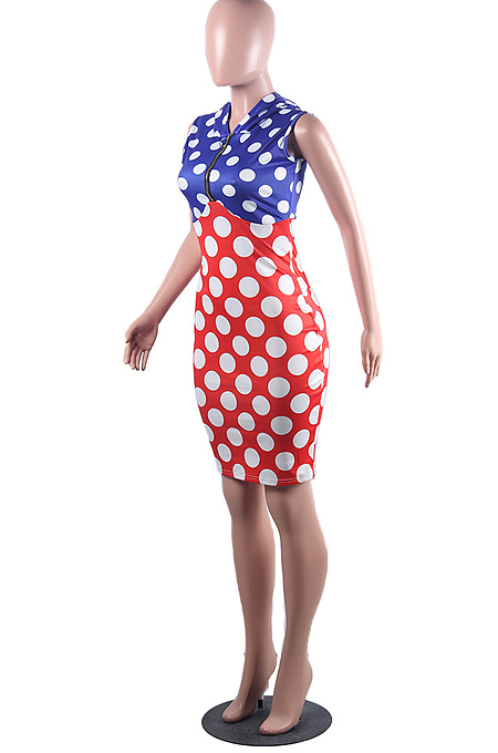 Blue Red Spliced Wave Point Printing Sleeveless Zipper Hoodie Collcet Waist Hip Dress MLL107-2