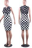 Blue Red Spliced Wave Point Printing Sleeveless Zipper Hoodie Collcet Waist Hip Dress MLL107-2