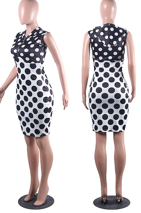 Blue Red Spliced Wave Point Printing Sleeveless Zipper Hoodie Collcet Waist Hip Dress MLL107-2