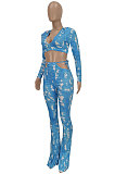 Blue Women Fashion Printing Dew Waist V Neck Bandage Sexy Pants Sets FFE174
