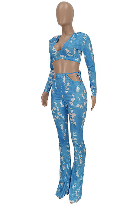Blue Women Fashion Printing Dew Waist V Neck Bandage Sexy Pants Sets FFE174