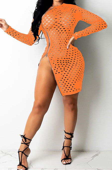 Orange Sexy Long Sleeve Zipper Hollow Out Pure Color Club Mini Dress FMM2069-2