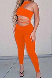 White Sexy Solid Color Round Neck Strapless Hollow Out Slim Fitting Bodycod Jumpsuits YNS1661-1