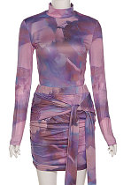 Purple Women Trendy Round Neck Long Sleeve Jumpsuits Hip Skirts Sets QNFS04515-2