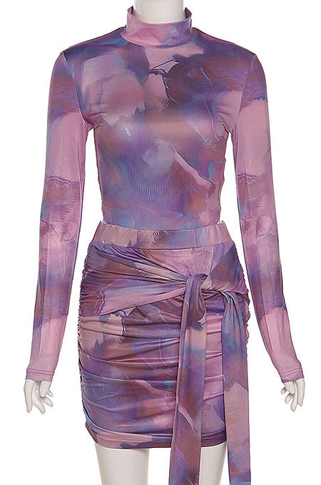Purple Women Trendy Round Neck Long Sleeve Jumpsuits Hip Skirts Sets QNFS04515-2